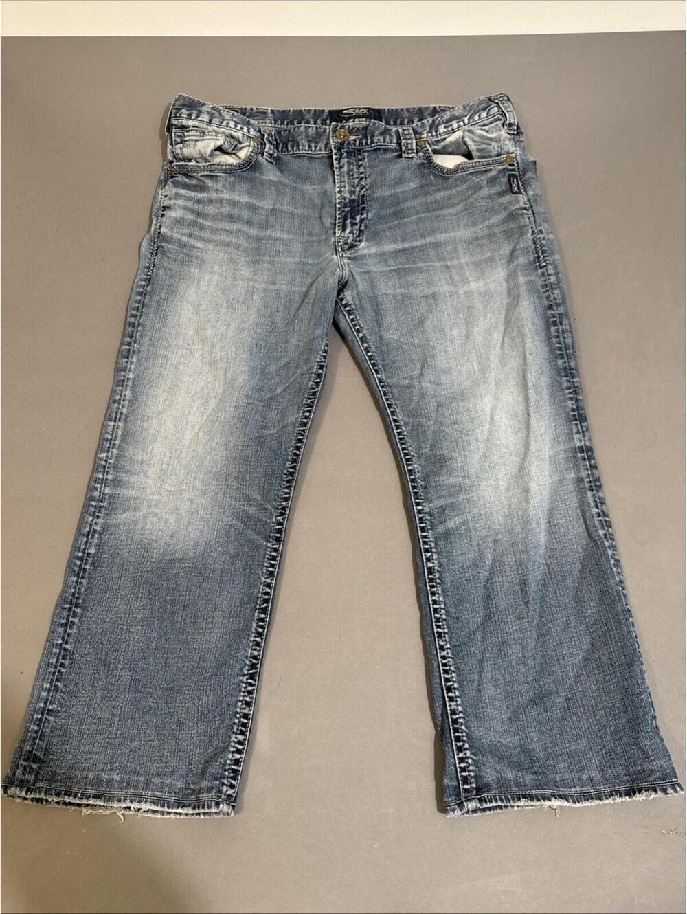 Silver Jeans Mens 40x30 Blue Zac Bootcut Distressed Western Medium Wash Denim